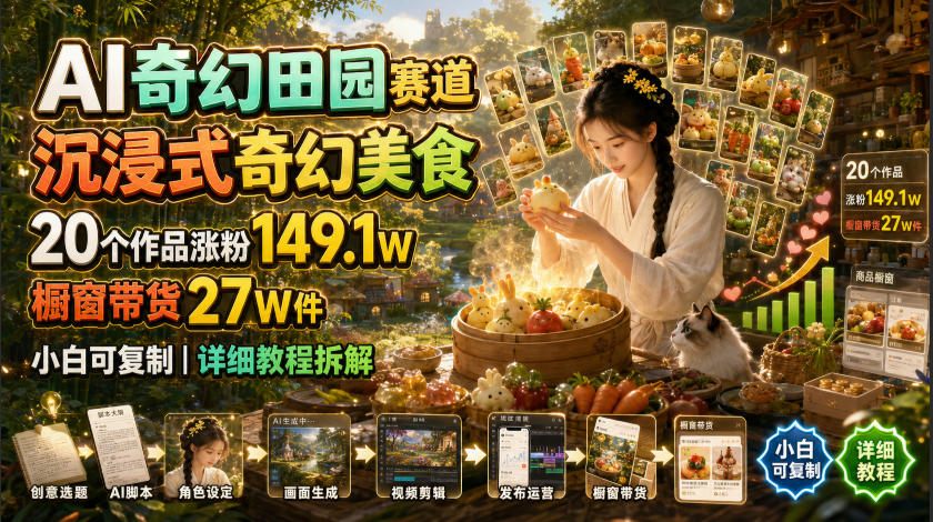 AI奇幻田园赛道,沉浸式奇幻美食,20个作品涨粉149.1W,橱窗带货27W件,小白可复制,详细教程拆解-知行阁轻创网-分享网络赚钱项目-全网首发副业项目实操平台-副业创业项目网