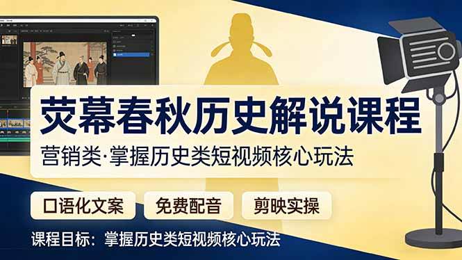 （17686期）荧幕春秋历史(营销类）解说课程：口语化文案+免费配音+剪映实操，掌握历史类短视频核心玩法-知行阁轻创网-分享网络赚钱项目-全网首发副业项目实操平台-副业创业项目网