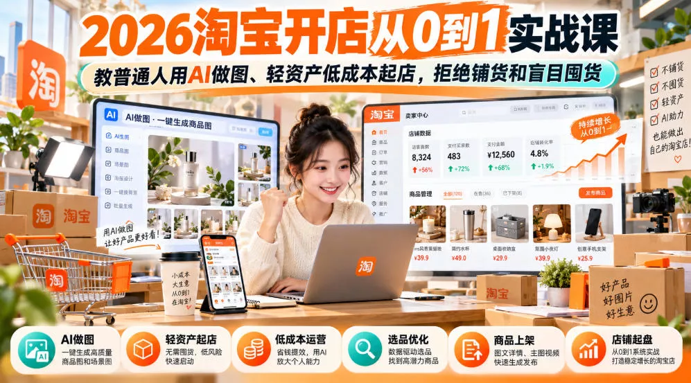 2026淘宝开店从0到1实战课，教普通人用AI做图、轻资产低成本起店，拒绝铺货和盲目囤货-知行阁轻创网-分享网络赚钱项目-全网首发副业项目实操平台-副业创业项目网