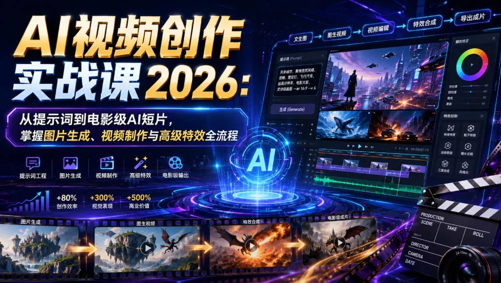 AI视频创作实战课2026:从提示词到电影级AI短片,掌握图片生成、视频制作与高级特效全流程-知行阁轻创网-分享网络赚钱项目-全网首发副业项目实操平台-副业创业项目网