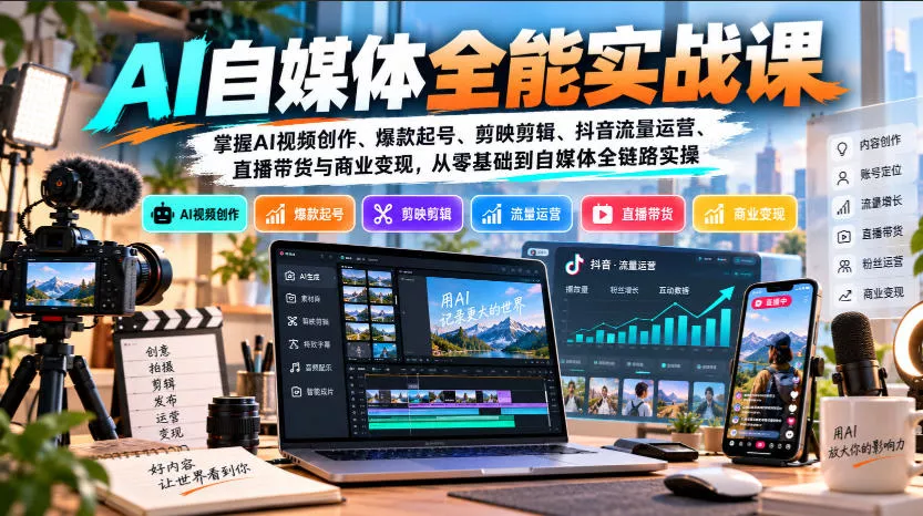 【无水印】AI自媒体全能实战课,掌握AI视频创作、爆款起号、剪映剪辑、抖音流量运营、直播带货与商业变现,从零基础到自媒体全链路实操-知行阁轻创网-分享网络赚钱项目-全网首发副业项目实操平台-副业创业项目网