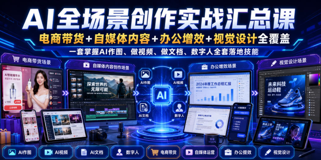 AI全场景创作实战汇总课|电商带货+自媒体内容+办公增效+视觉设计全覆盖,一套掌握AI作图、做视频、做文档、数字人全套落地技能 AI全场景创作实战汇总课|电商带货+自媒体内容+办公增效+视觉设计全覆盖,一套掌握AI作图、做视频、做文档、数字人全套落地技能