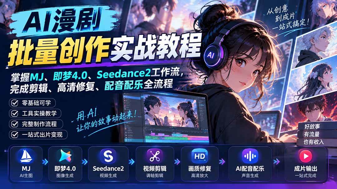 （20488期）AI漫剧批量创作实战教程：掌握MJ、即梦4.0、Seedance2工作流，完成剪辑、高清修复、配音配乐全流程-知行阁轻创网-分享网络赚钱项目-全网首发副业项目实操平台-副业创业项目网