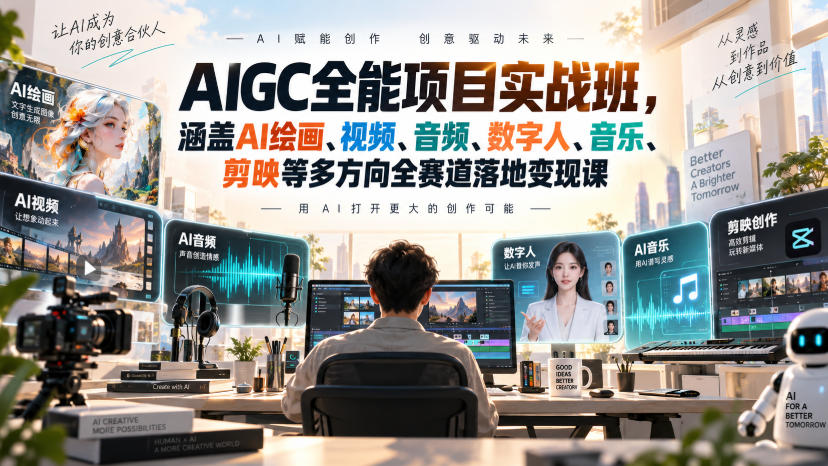 AIGC全能项目实战班，涵盖AI绘画、视频、音频、数字人、音乐、剪映等多方向全赛道落地变现课（更新）-知行阁轻创网-分享网络赚钱项目-全网首发副业项目实操平台-副业创业项目网