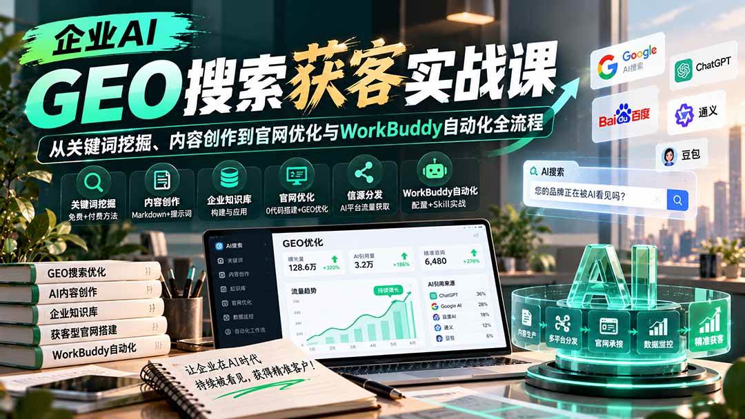 （20643期）企业AI GEO搜索获客实战课：从关键词挖掘、内容创作到官网优化与WorkBuddy自动化全流程
