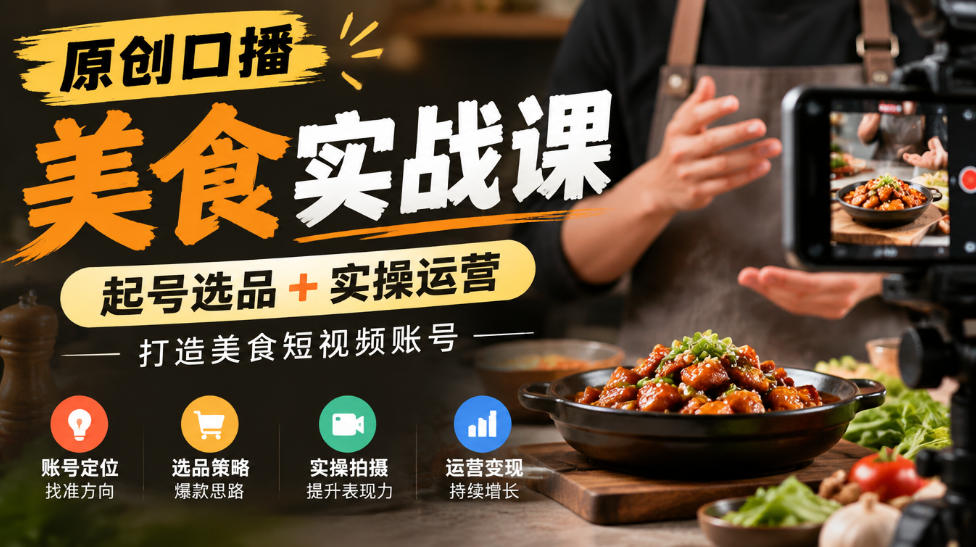 原创口播美食实战课，起号选品+实操运营，打造美食短视频账号-知行阁轻创网-分享网络赚钱项目-全网首发副业项目实操平台-副业创业项目网