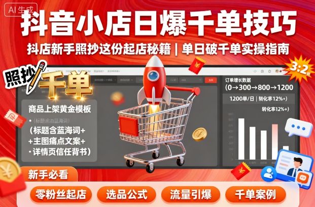 抖音小店日爆千单技巧，抖店新手照抄这份起店秘籍，单日破千单-知行阁轻创网-分享网络赚钱项目-全网首发副业项目实操平台-副业创业项目网