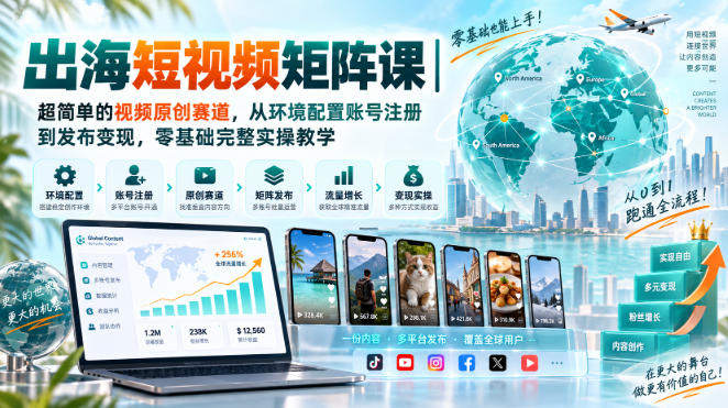 出海短视频矩阵课｜超简单的视频原创赛道，从环境配置账号注册到发布变现，零基础完整实操教学-知行阁轻创网-分享网络赚钱项目-全网首发副业项目实操平台-副业创业项目网
