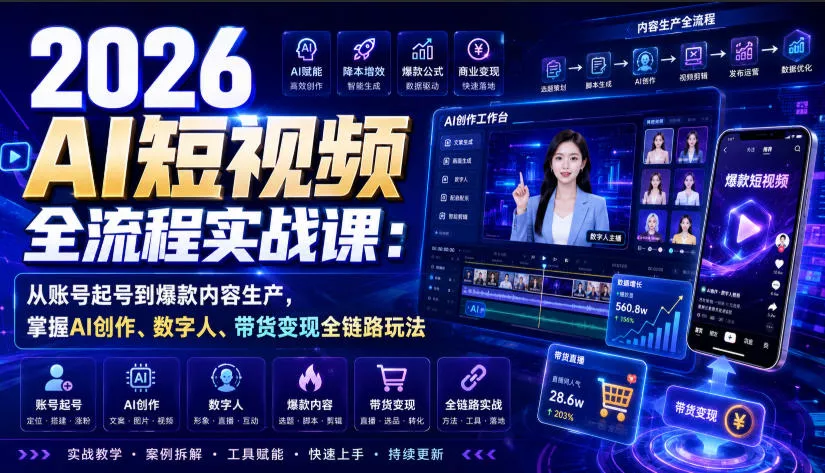 2026 AI短视频全流程实战课:从账号起号到爆款内容生产,掌握AI创作、数字人、带货变现全链路玩法-知行阁轻创网-分享网络赚钱项目-全网首发副业项目实操平台-副业创业项目网