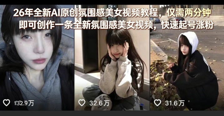 26年全新AI原创氛围感美女视频教程，仅需两分钟即可创作一条全新氛围感美女视频，快速起号涨粉-知行阁轻创网-分享网络赚钱项目-全网首发副业项目实操平台-副业创业项目网