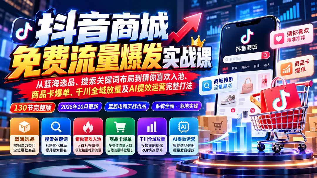 （20959期）抖音商城免费流量爆发实战：从蓝海选品、搜索关键词布局到猜你喜欢入池、商品卡爆单、千川全域放量及AI提效完整打法-知行阁轻创网-分享网络赚钱项目-全网首发副业项目实操平台-副业创业项目网