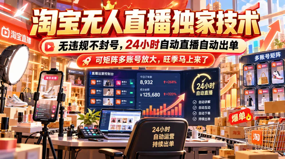淘宝无人直播独家技术,无违规不封号,24小时自动直播自动出单,可矩阵多账号放大,旺季马上来了【揭秘】-知行阁轻创网-分享网络赚钱项目-全网首发副业项目实操平台-副业创业项目网