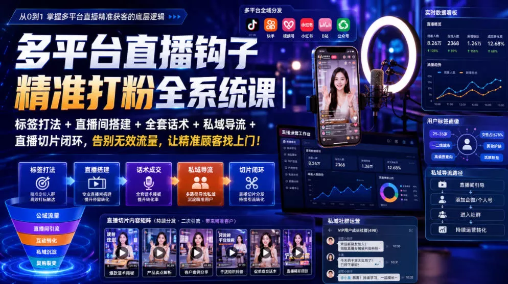 多平台直播钩子精准打粉全系统课｜标签打法+直播间搭建+全套话术+私域导流+直播切片闭环，告别无效流量，让精准顾客找上门！-知行阁轻创网-分享网络赚钱项目-全网首发副业项目实操平台-副业创业项目网
