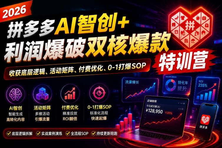 2026拼多多AI智创+利润爆破双核爆款特训营,收获底层逻辑、活动矩阵、付费优化、0-1打爆SOP(更新0810)-知行阁轻创网-分享网络赚钱项目-全网首发副业项目实操平台-副业创业项目网