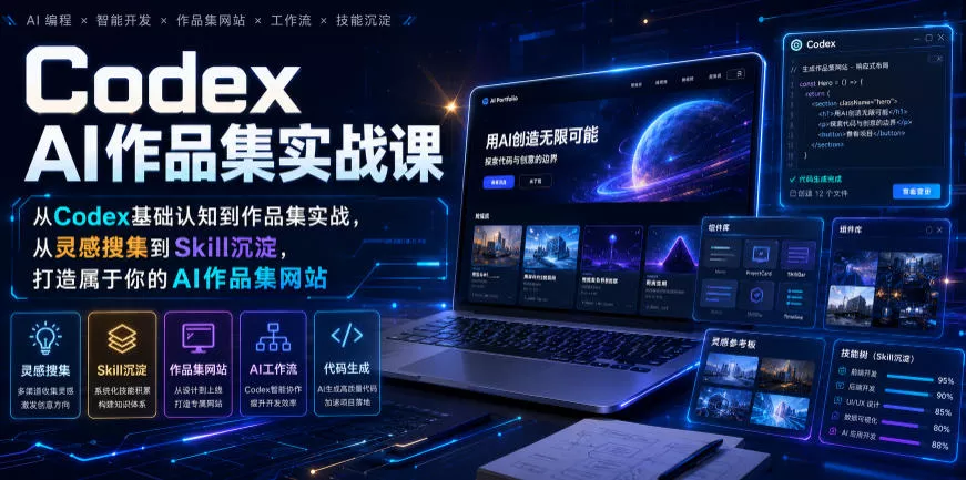 Codex AI作品集实战课，从Codex基础认知到作品集实战，从灵感搜集到Skill沉淀，打造属于你的AI作品集网站-知行阁轻创网-分享网络赚钱项目-全网首发副业项目实操平台-副业创业项目网
