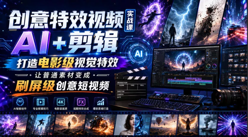 创意特效视频实战课，AI+剪辑打造电影级视觉特效，让普通素材变成刷屏级创意短视频-知行阁轻创网-分享网络赚钱项目-全网首发副业项目实操平台-副业创业项目网