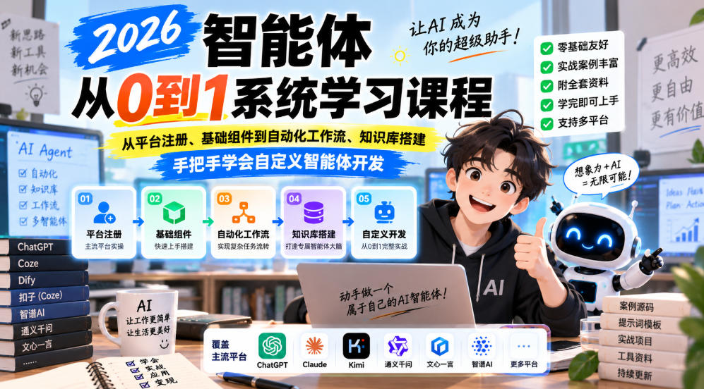 2026智能体从0到1系统学习课程，从平台注册、基础组件到自动化工作流、知识库搭建，手把手学会自定义智能体开发-知行阁轻创网-分享网络赚钱项目-全网首发副业项目实操平台-副业创业项目网
