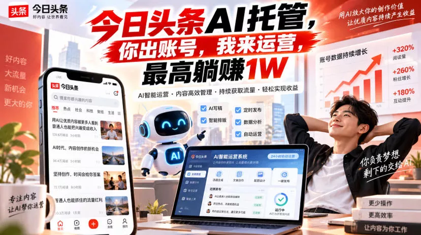 今日头条AI托管，你出账号，我来运营，最高躺賺1W【揭秘】-知行阁轻创网-分享网络赚钱项目-全网首发副业项目实操平台-副业创业项目网