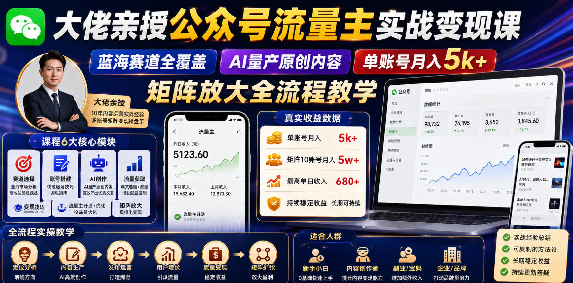 大佬亲授公众号流量主实战变现课，蓝海赛道全覆盖，AI量产原创内容，单账号月入5k+矩阵放大全流程教学-知行阁轻创网-分享网络赚钱项目-全网首发副业项目实操平台-副业创业项目网