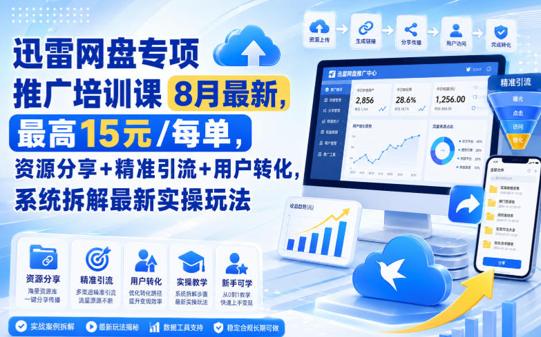 迅雷网盘专项推广培训课8月最新，最高15米/每单，资源分享+精准引流+用户转化，系统拆解最新实操玩法（更新0819）-知行阁轻创网-分享网络赚钱项目-全网首发副业项目实操平台-副业创业项目网
