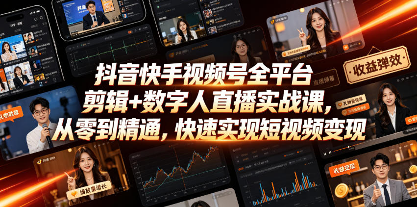 抖音快手视频号全平台剪辑+数字人直播实战课，从零到精通，快速实现短视频变现(更新2026年10月)-知行阁轻创网-分享网络赚钱项目-全网首发副业项目实操平台-副业创业项目网