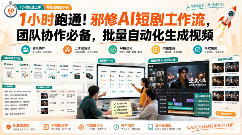 1小时跑通！邪修AI短剧工作流，团队协作必备，批量自动化生成视频-知行阁轻创网-分享网络赚钱项目-全网首发副业项目实操平台-副业创业项目网