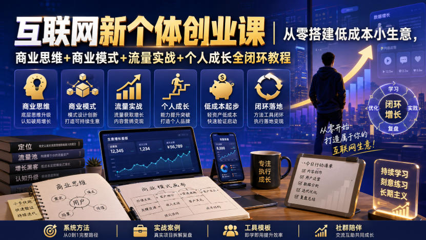 互联网新个体创业课|从零搭建低成本小生意,商业思维+商业模式+流量实战+个人成长全闭环教程-知行阁轻创网-分享网络赚钱项目-全网首发副业项目实操平台-副业创业项目网