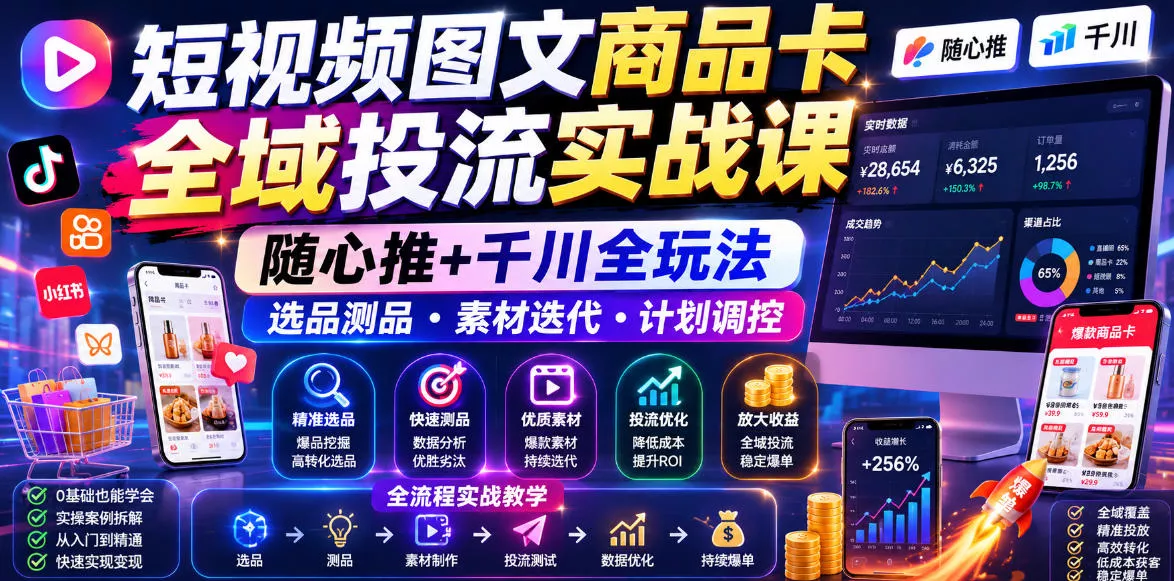 短视频图文商品卡全域投流实战课,随心推+千川全玩法,选品测品・素材迭代・计划调控,提升ROI爆单增收教程-知行阁轻创网-分享网络赚钱项目-全网首发副业项目实操平台-副业创业项目网