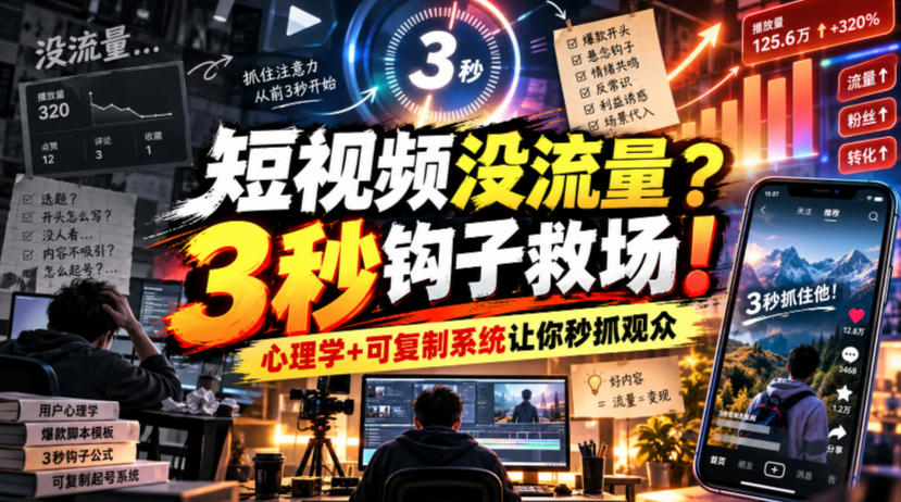 【无水印】短视频没流量？3秒钩子救场！心理学+可复制系统让你秒抓观众【原创双语字幕】-知行阁轻创网-分享网络赚钱项目-全网首发副业项目实操平台-副业创业项目网