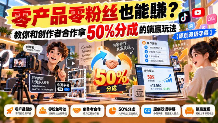 【无水印】零产品零粉丝也能賺？教你和创作者合作拿50%分成的躺赢玩法【原创双语字幕】-知行阁轻创网-分享网络赚钱项目-全网首发副业项目实操平台-副业创业项目网
