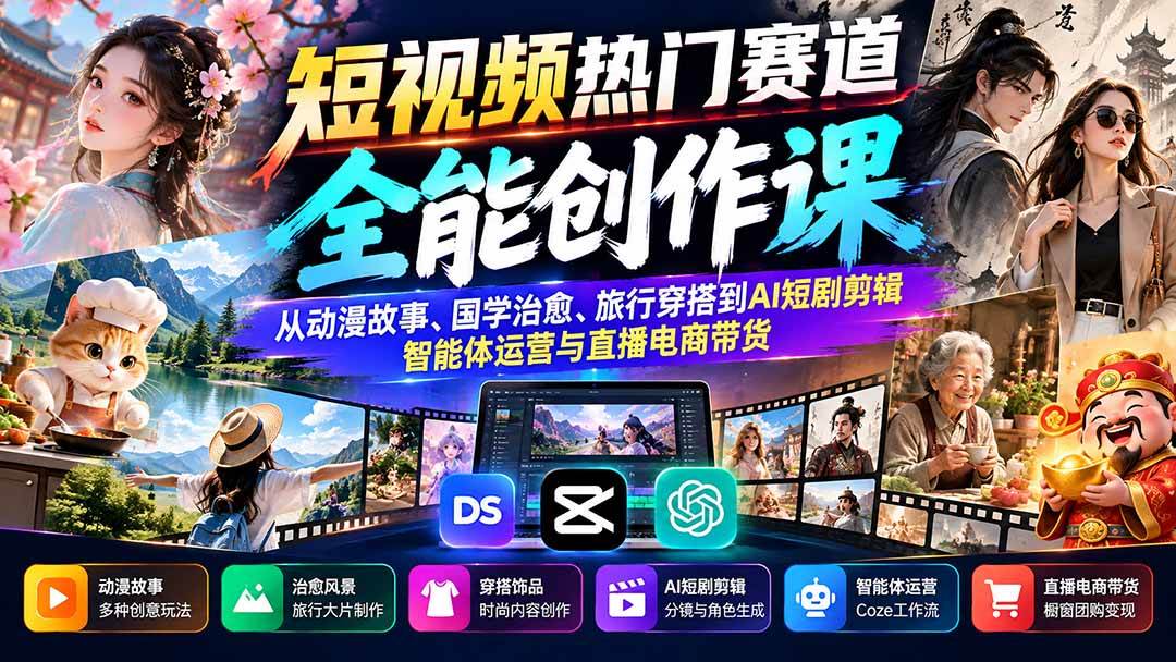 （20956期）短视频热门赛道全能创作课：从动漫故事、国学治愈、旅行穿搭到AI短剧剪辑、智能体运营与直播电商带货-知行阁轻创网-分享网络赚钱项目-全网首发副业项目实操平台-副业创业项目网