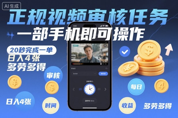 正规视频审核任务，一部手机即可操作，20秒完成一单，日入4张，多劳多得【揭秘】-知行阁轻创网-分享网络赚钱项目-全网首发副业项目实操平台-副业创业项目网