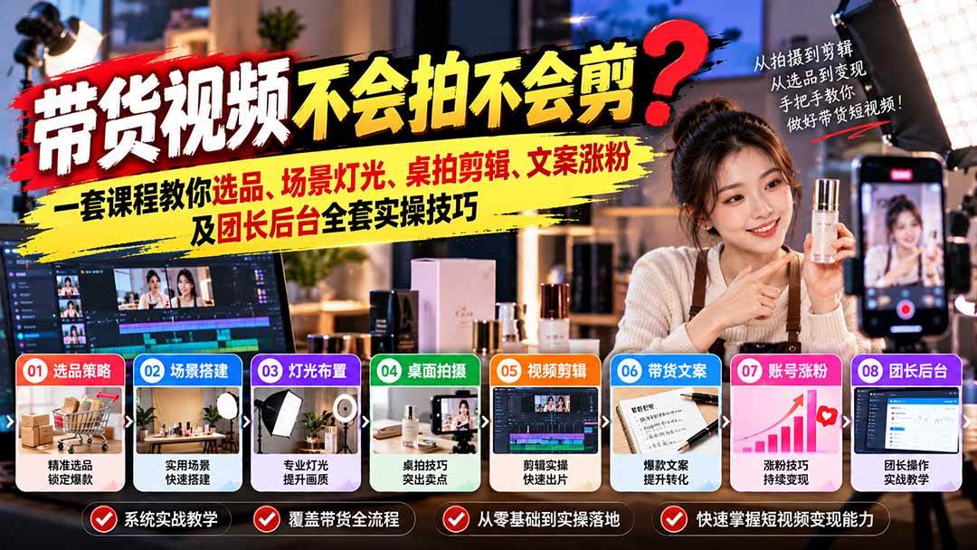 （20980期）带货视频不会拍不会剪？一套课程教你选品、场景灯光、桌拍剪辑、文案涨粉及团长后台全套实操技巧 复制标题-知行阁轻创网-分享网络赚钱项目-全网首发副业项目实操平台-副业创业项目网