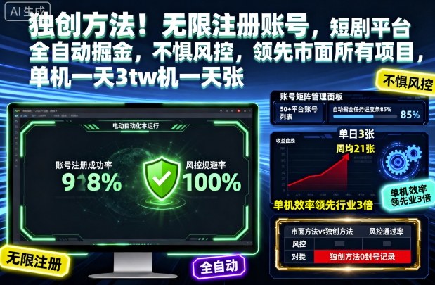 独创方法！无限注册账号，短剧平台全自动掘金，不惧风控，领先市面所有项目，单机一天3张【揭秘】-知行阁轻创网-分享网络赚钱项目-全网首发副业项目实操平台-副业创业项目网