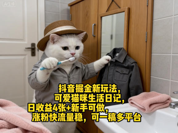 抖音掘金新玩法，可爱猫咪生活日记，日收益4张+新手可做，涨粉快流量稳，可一稿多平台-知行阁轻创网-分享网络赚钱项目-全网首发副业项目实操平台-副业创业项目网