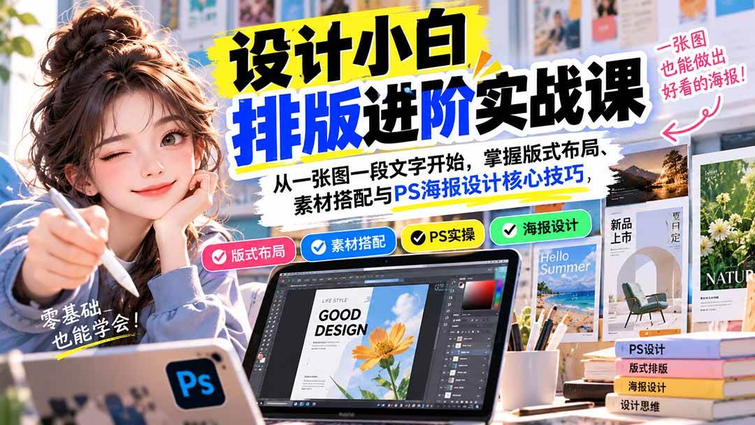 （20838期）设计小白排版进阶实战课：从一张图一段文字开始，掌握版式布局、素材搭配与PS海报设计核心技巧-知行阁轻创网-分享网络赚钱项目-全网首发副业项目实操平台-副业创业项目网