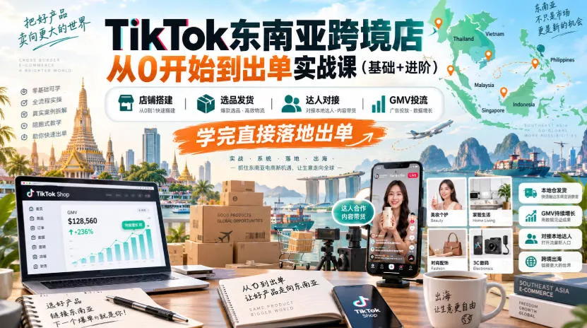 TikTok东南亚跨境店从0开始到出单实战课(基础+进阶),店铺搭建、选品发货、达人对接、GMV投流,学完直接落地出单-知行阁轻创网-分享网络赚钱项目-全网首发副业项目实操平台-副业创业项目网