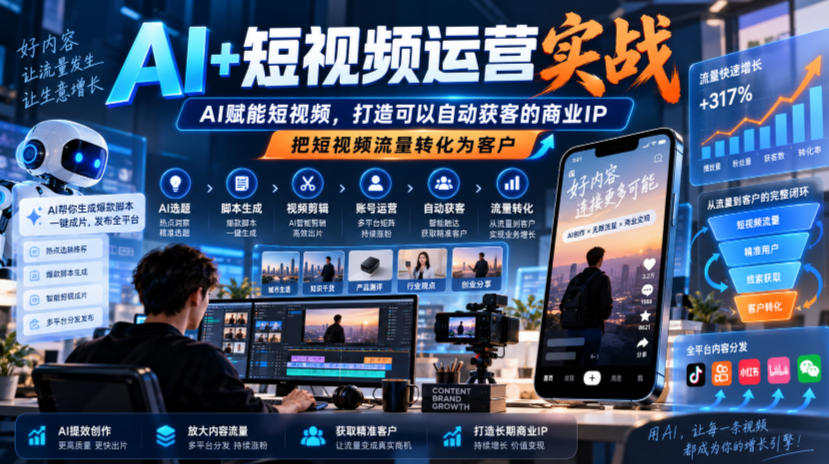 AI+短视频运营实战，AI赋能短视频，打造可以自动获客的商业IP，把短视频流量转化为客户-知行阁轻创网-分享网络赚钱项目-全网首发副业项目实操平台-副业创业项目网