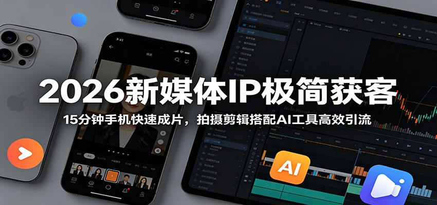 2026新媒体IP极简获客：15分钟手机快速成片，拍摄剪辑搭配AI工具高效引流-知行阁轻创网-分享网络赚钱项目-全网首发副业项目实操平台-副业创业项目网