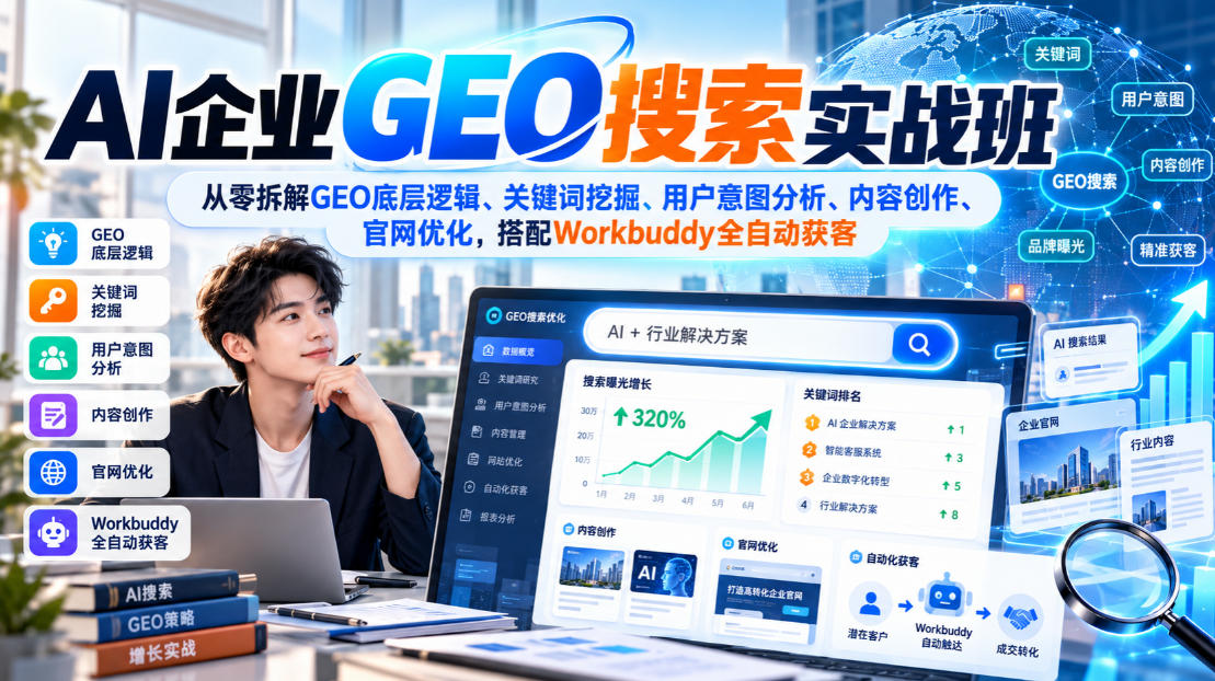 AI企业GEO搜索实战班，从零拆解GEO底层逻辑、关键词挖掘、用户意图分析、内容创作、官网优化，搭配Workbuddy全自动获客-知行阁轻创网-分享网络赚钱项目-全网首发副业项目实操平台-副业创业项目网