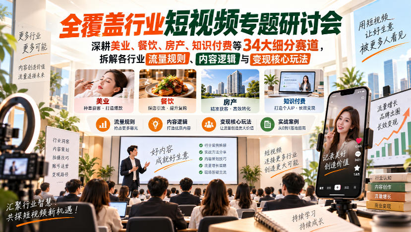 短视频专题研讨会，深耕美业、餐饮、房产、知识付费等34大细分赛道，拆解各行业流量规则、内容逻辑与变现核心玩法-知行阁轻创网-分享网络赚钱项目-全网首发副业项目实操平台-副业创业项目网