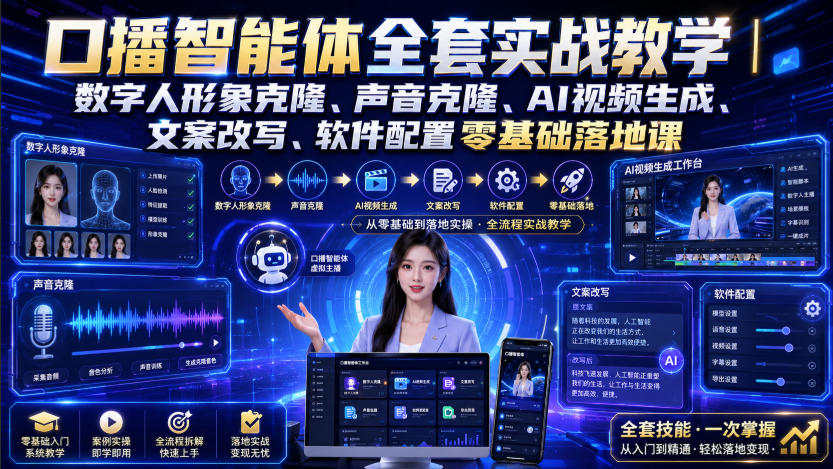 口播智能体全套实战教学|数字人形象克隆、声音克隆、AI视频生成、文案改写、软件配置零基础落地课-知行阁轻创网-分享网络赚钱项目-全网首发副业项目实操平台-副业创业项目网