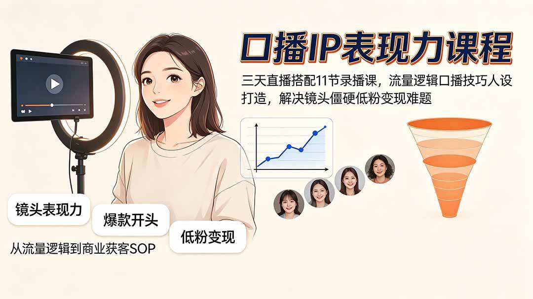 （19604期）口播IP表现力课程｜三天直播搭配11节录播课，流量逻辑口播技巧人设打造，解决镜头僵硬低粉变现难题 - 知行阁轻创网-分享网络赚钱项目-全网首发副业项目实操平台-副业创业项目网-知行阁轻创网-分享网络赚钱项目-全网首发副业项目实操平台-副业创业项目网