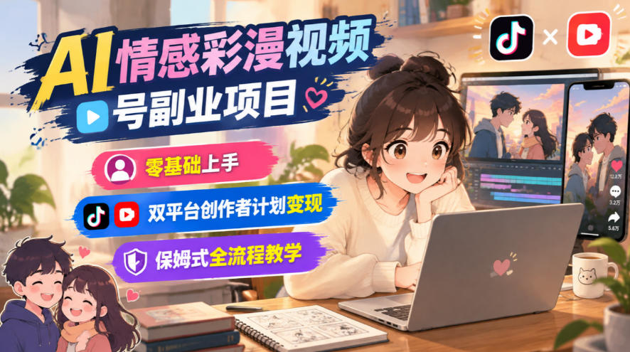 AI情感彩漫视频号副业项目，零基础上手，双平台创作者计划变现，保姆式全流程教学-知行阁轻创网-分享网络赚钱项目-全网首发副业项目实操平台-副业创业项目网