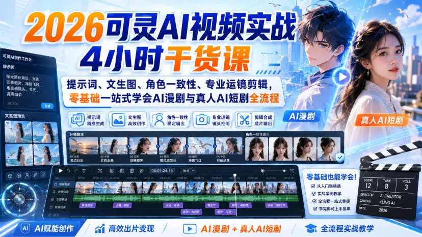 2026可灵AI视频实战4小时干货课|提示词、文生图、角色一致性、专业运镜剪辑,零基础一站式学会AI漫剧与真人AI短剧全流程-知行阁轻创网-分享网络赚钱项目-全网首发副业项目实操平台-副业创业项目网
