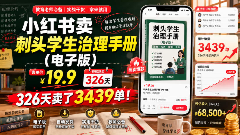 小红书卖刺头学生治理手册（电子版），客单价19.9，326天卖了3439单！-知行阁轻创网-分享网络赚钱项目-全网首发副业项目实操平台-副业创业项目网