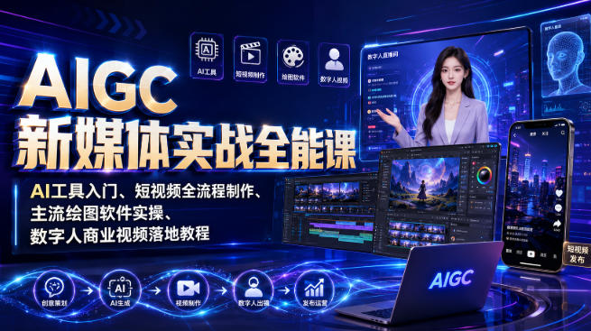 AIGC新媒体实战全能课|AI工具入门、短视频全流程制作、主流绘图软件实操、数字人商业视频落地教程-知行阁轻创网-分享网络赚钱项目-全网首发副业项目实操平台-副业创业项目网