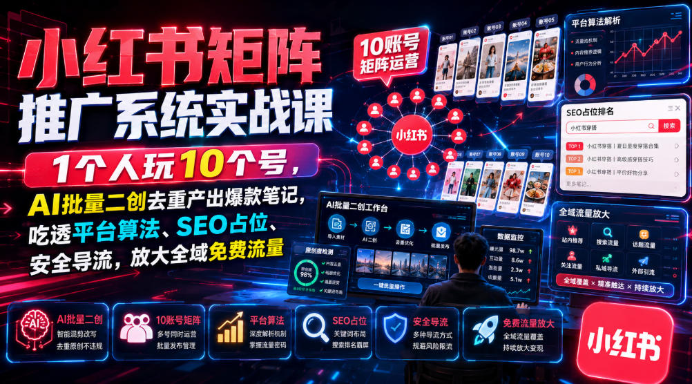 小红书矩阵推广系统实战课｜1个人玩10个号，AI批量二创去重产出爆款笔记，吃透平台算法、SEO占位、安全导流，放大全域免费流量-知行阁轻创网-分享网络赚钱项目-全网首发副业项目实操平台-副业创业项目网
