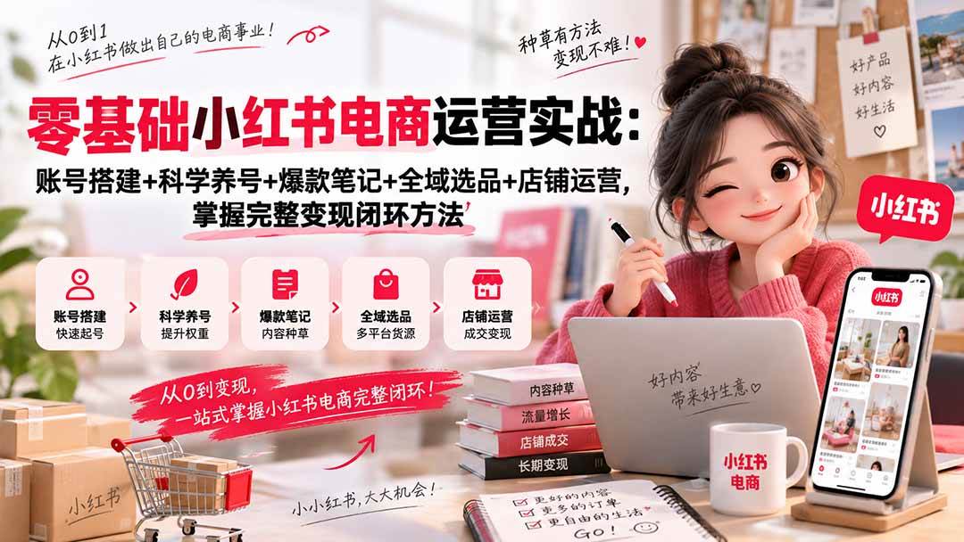 （20467期）零基础小红书电商运营实战：账号搭建+科学养号+爆款笔记+全域选品+店铺运营，掌握完整变现闭环方法-知行阁轻创网-分享网络赚钱项目-全网首发副业项目实操平台-副业创业项目网