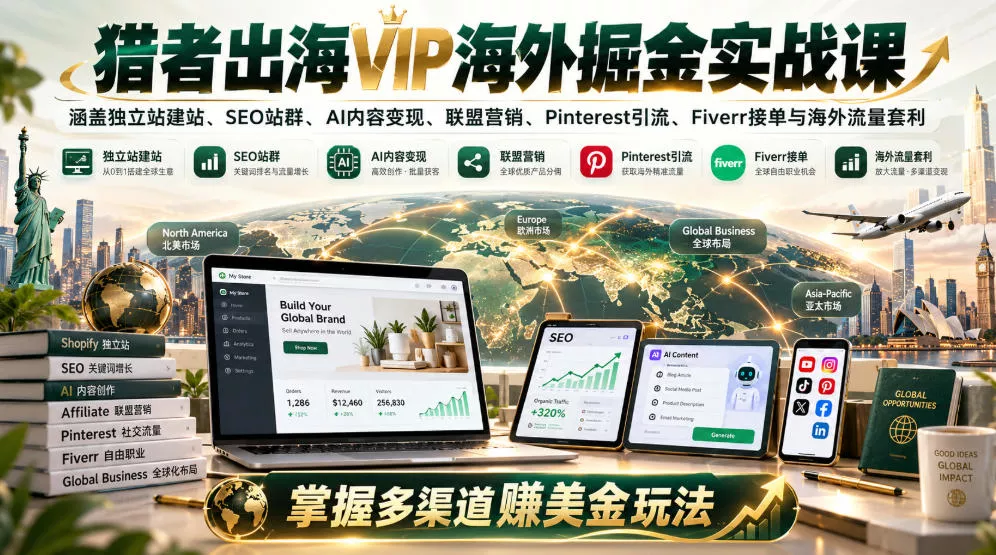 猎者出海VIP海外掘金实战课:涵盖独立站、SEO站群、AI变现、联盟营销、Pinterest引流、Fiverr接单与海外流量套利,掌握多渠道賺美金玩法-知行阁轻创网-分享网络赚钱项目-全网首发副业项目实操平台-副业创业项目网